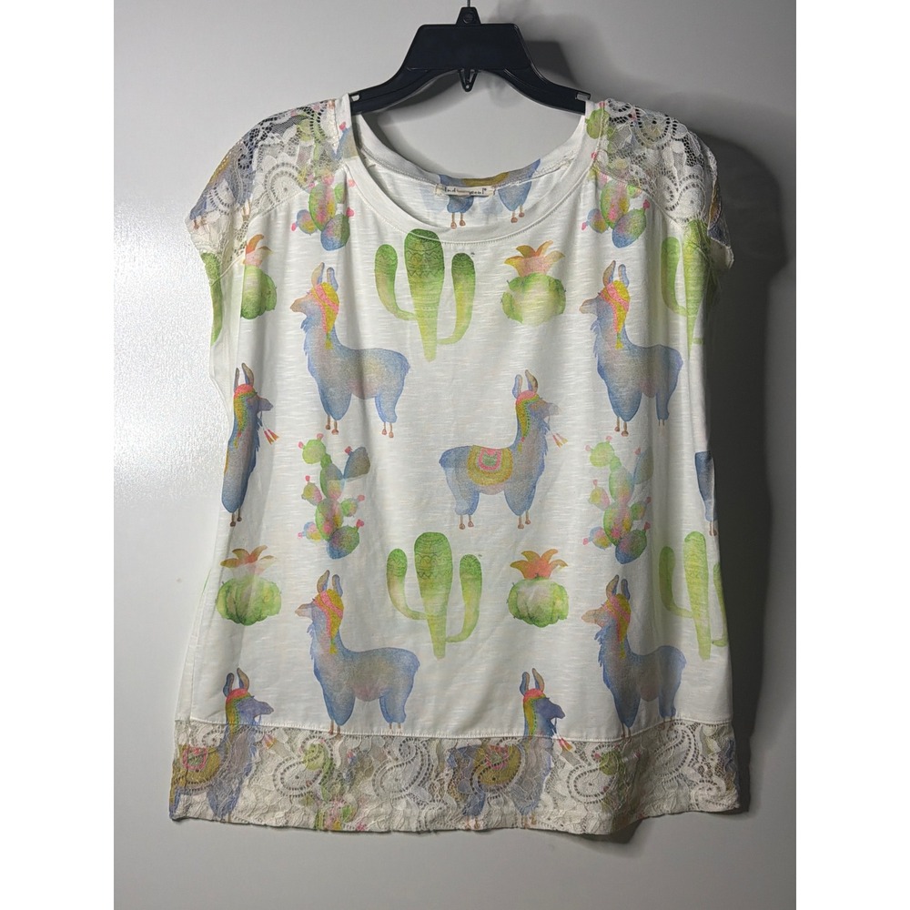 Indigo Soul Womens Llama Cactus Print Lace Trim Top White Large Short Sleeve